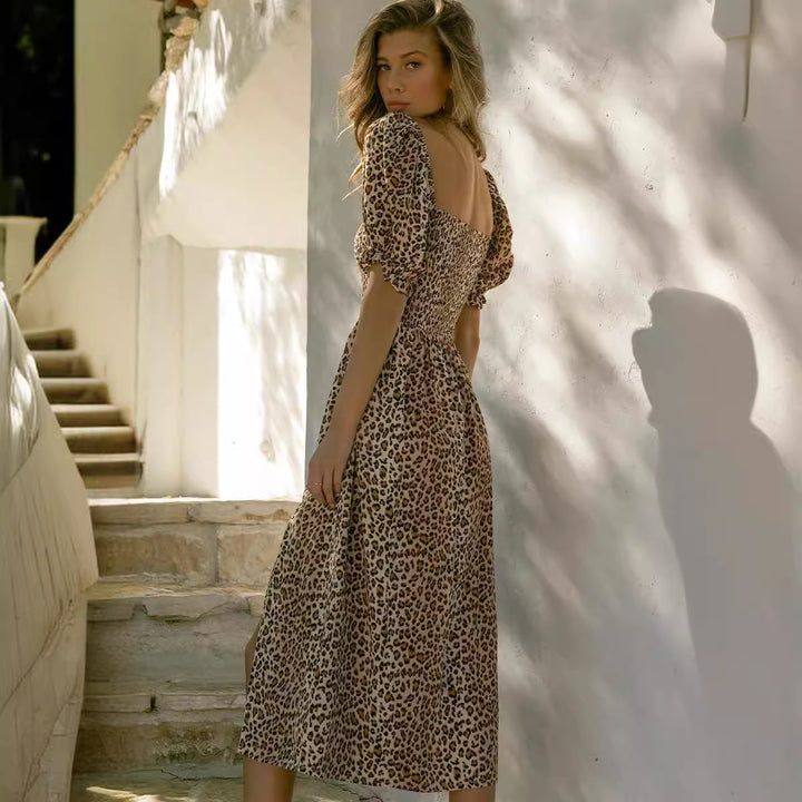 Dame Elegant Leopardskindsmønster Maxi Kjole med Puffærmer Stilla