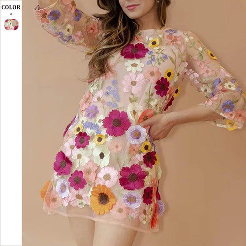 Dame Minikjole med blomster spids og transparente ærmer Stilla