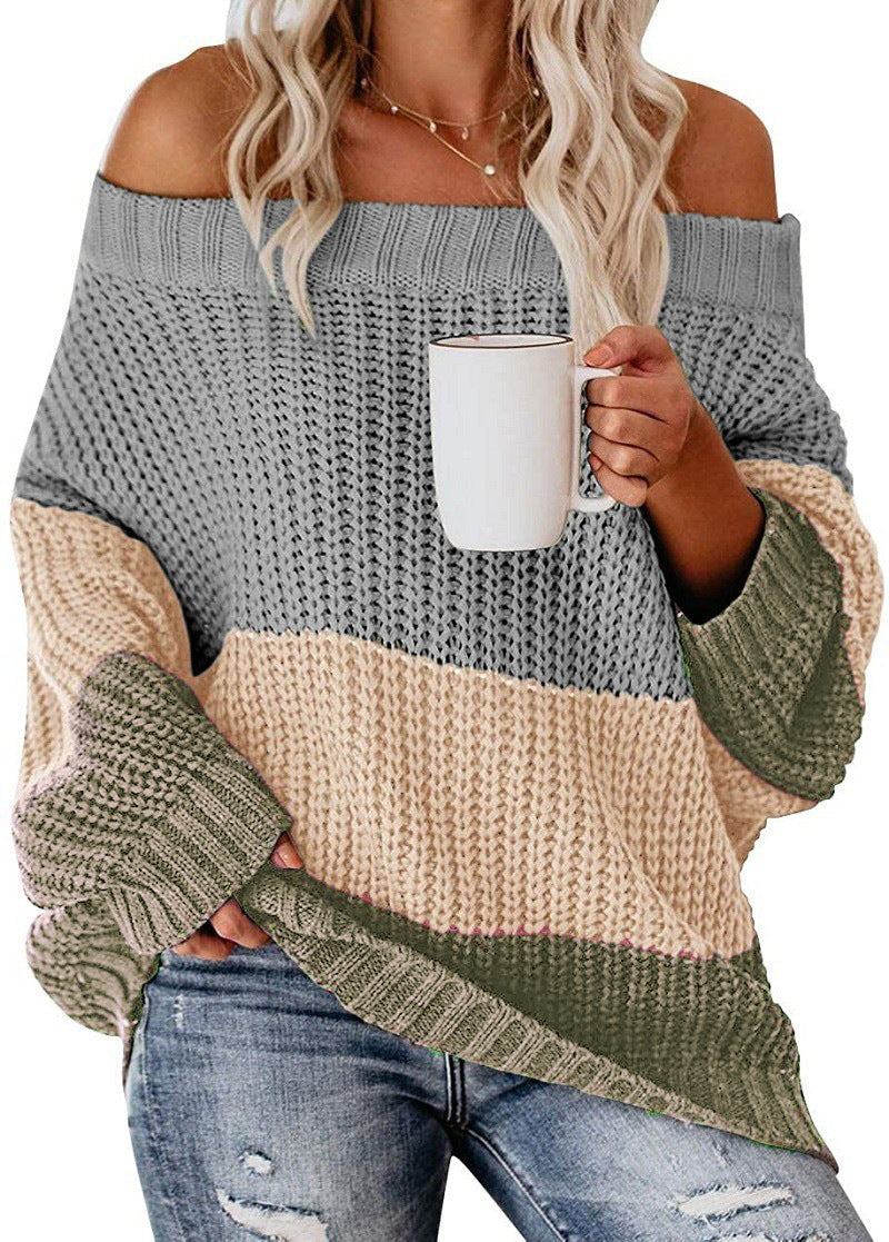 Dame afslappet strikpullover med bred udskæring og farveblokdesign Stilla