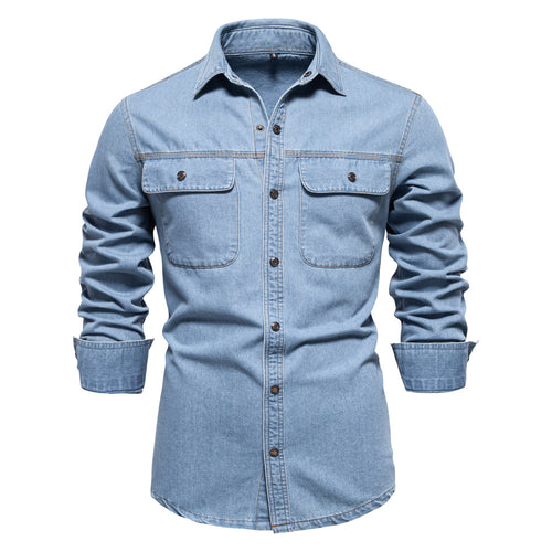 Herren denim skjorte med struktureret stof og praktiske brystlommer Stilla