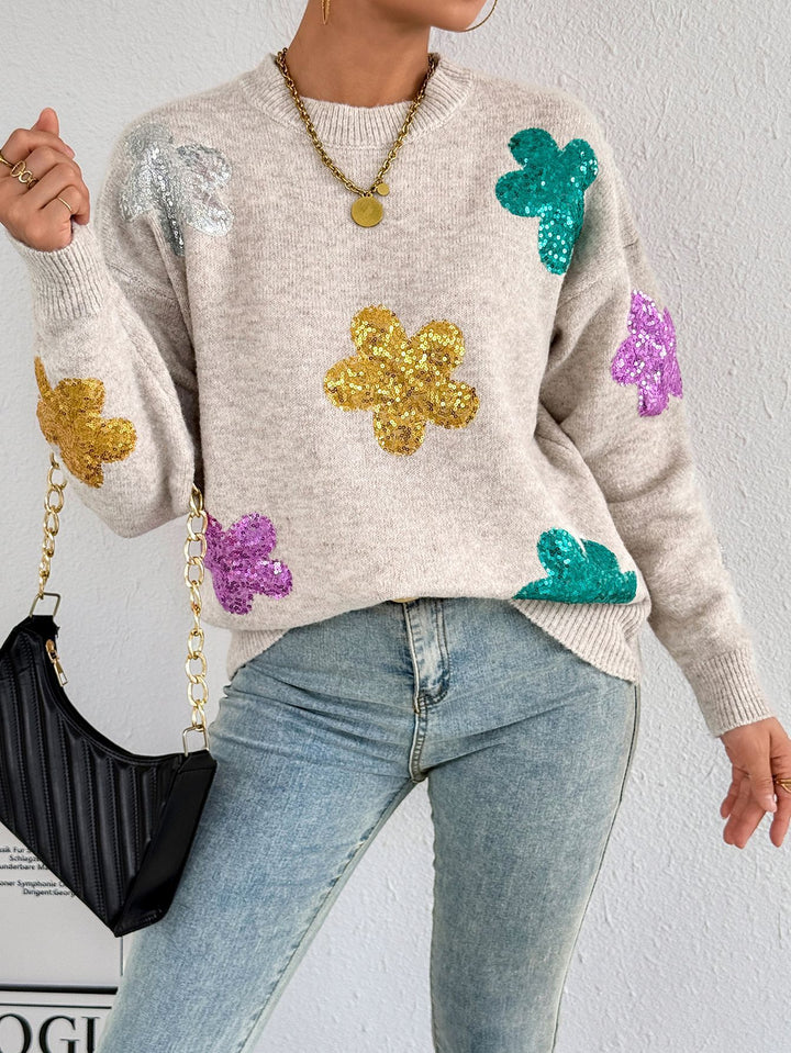 Kvindernes glitrende oversized sweater med blomstermotiv Stilla