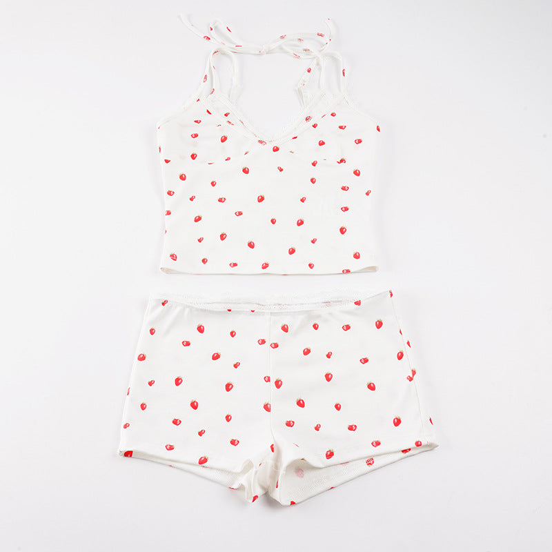 Dame sæt af spaghettitrækskjorte og shorts i frugtagtig design Skovae