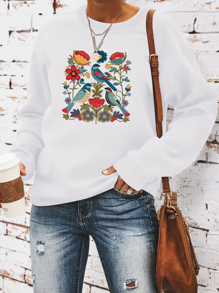 Kvinders sweatshirt med blomsterfuglemotiv og afslappet skæring Stilla