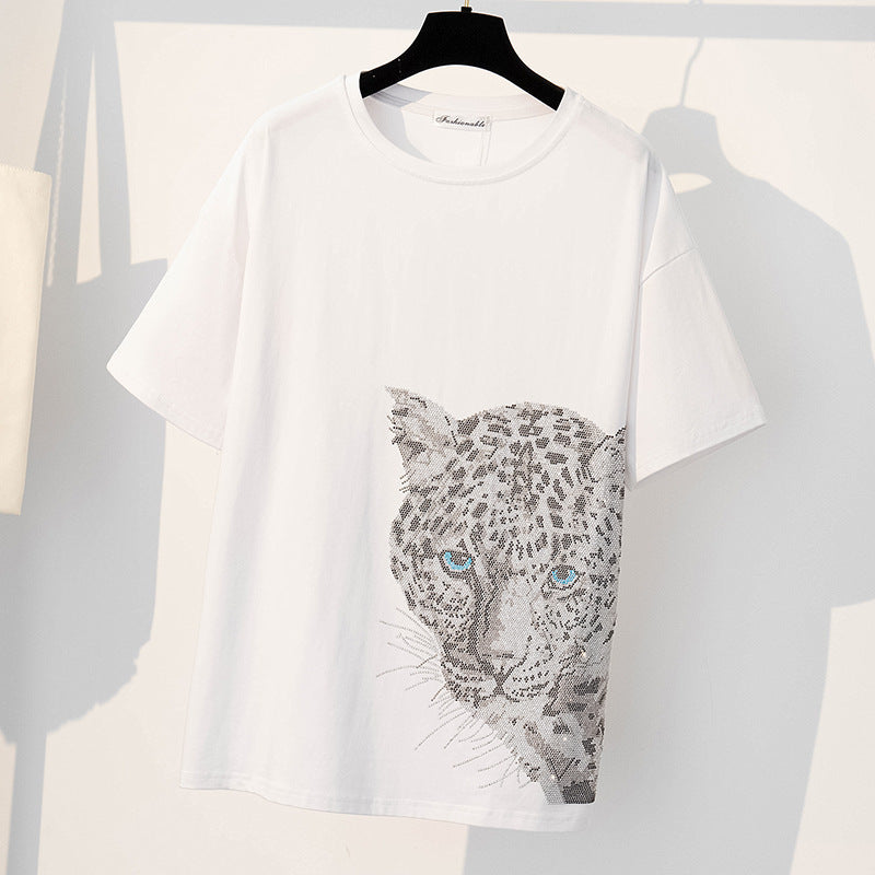Dame T-shirt med unikt panterdesign og funklende rhinsten Stilla