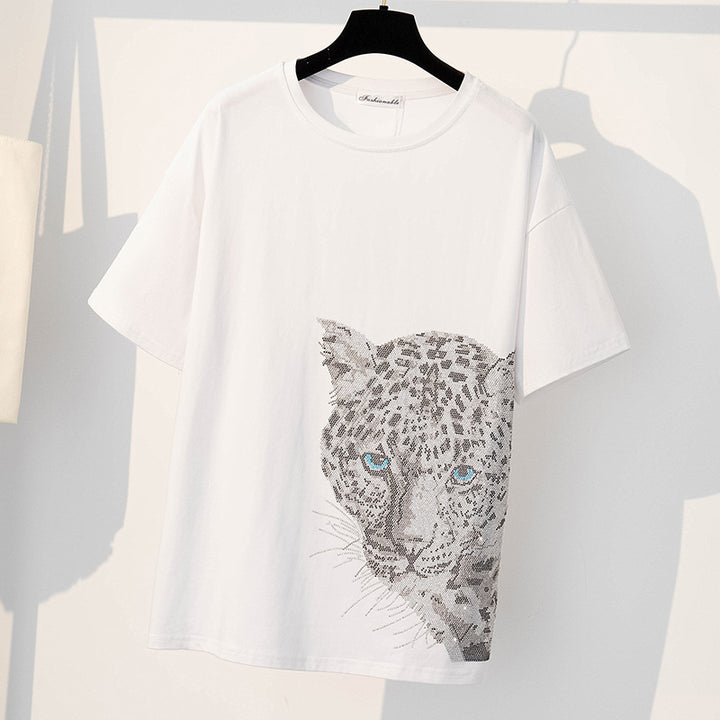 Dame T-shirt med unikt panterdesign og funklende rhinsten Stilla
