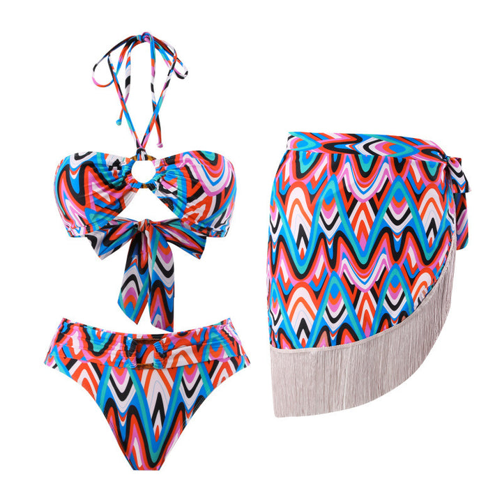 Dame bikini sæt med trendy indviklet nederdel og knyttende top Skovae
