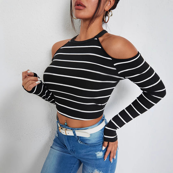 Dame Fashionabel top med off-shoulder design og stribemønster Stilla