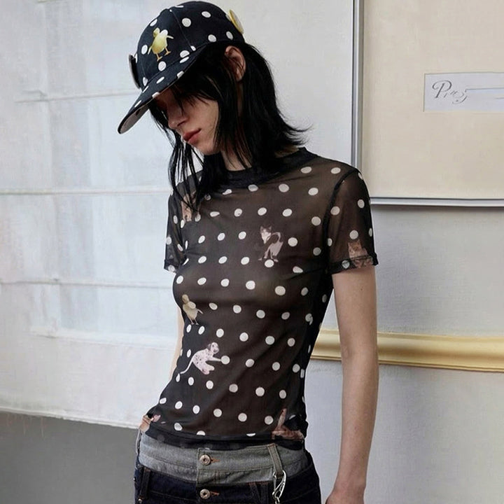 Damen Figurbetontes Polka-Dot T-Shirt mit verspieltem Tierdesign Skovae