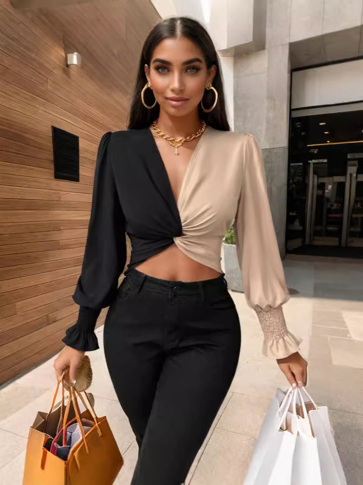 Dame Fashion Cropped Top med Vikledesign og Ballonærmer Stilla