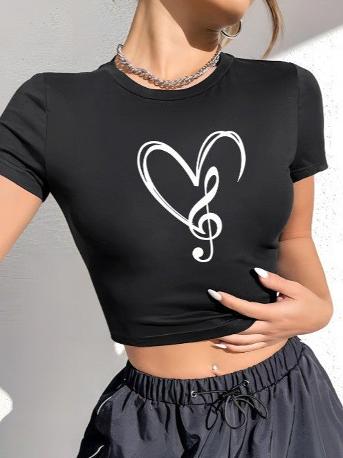 Dame Crop-T-shirt med kreativt tryk og figursyet snit Skovae