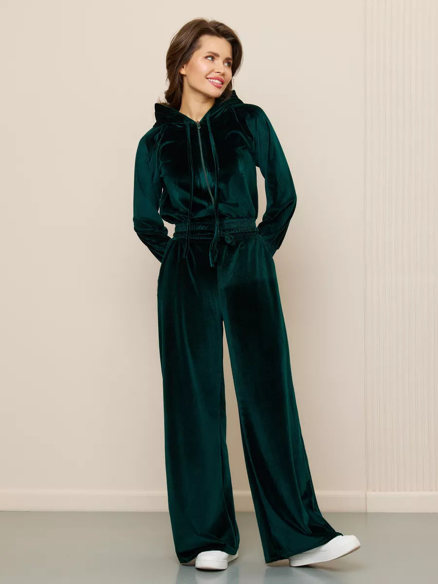 Dames fashionable fløjl loungewear sæt med cropped jakke og brede bukser Skovae
