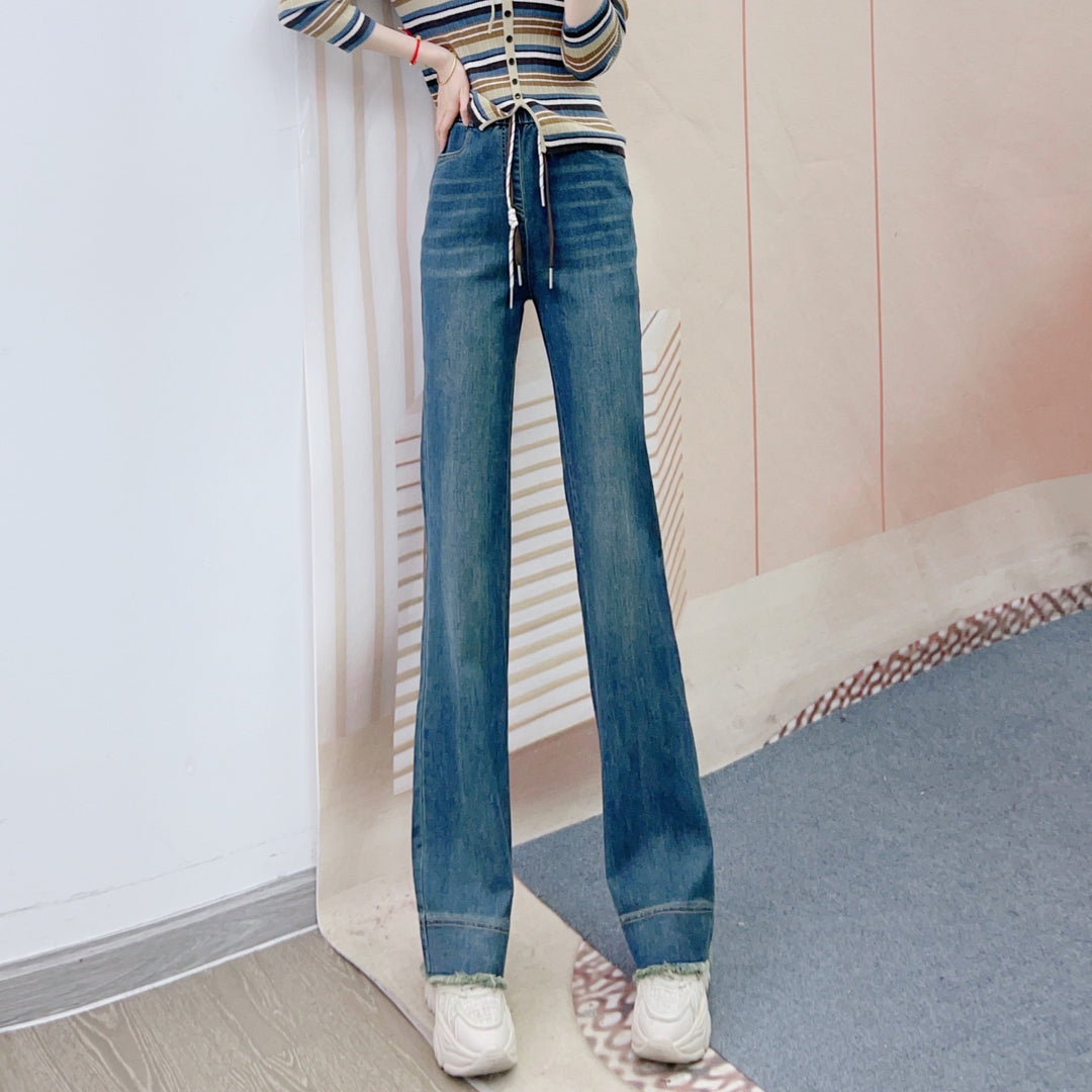 Dame Flared Jeans med elastisk talje og moderigtige frynser Stilla