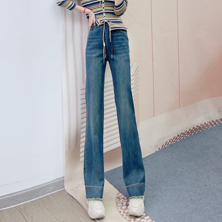 Dame Flared Jeans med elastisk talje og moderigtige frynser Stilla