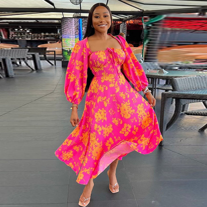 Dame Floral Print Pensel Maxi Kjole med Puffærmer Stilla