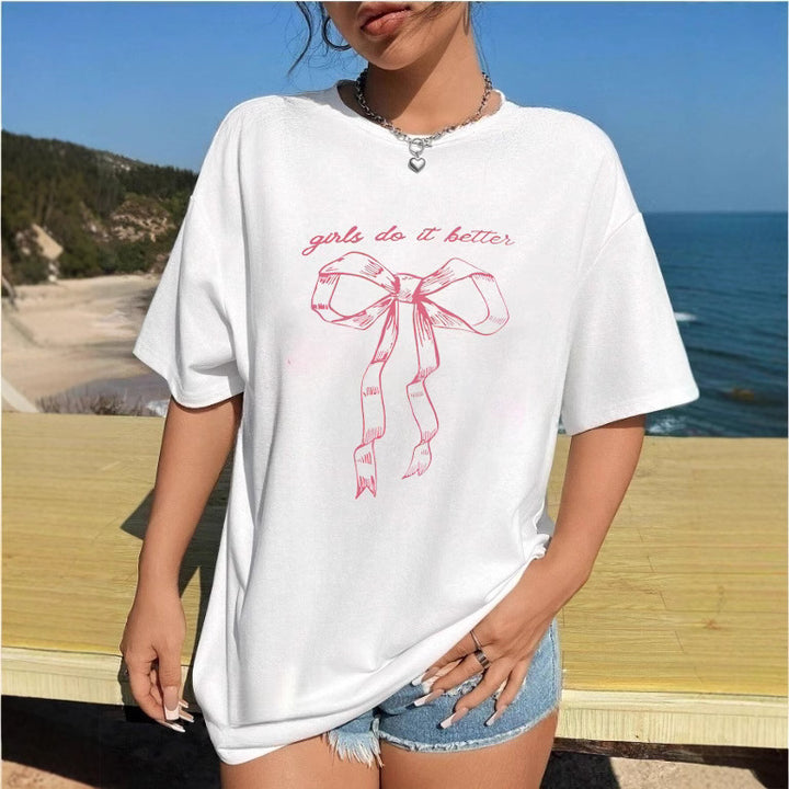 Dame T-shirt med kreativt kattemotiv og legesyg sløjfe Skovae
