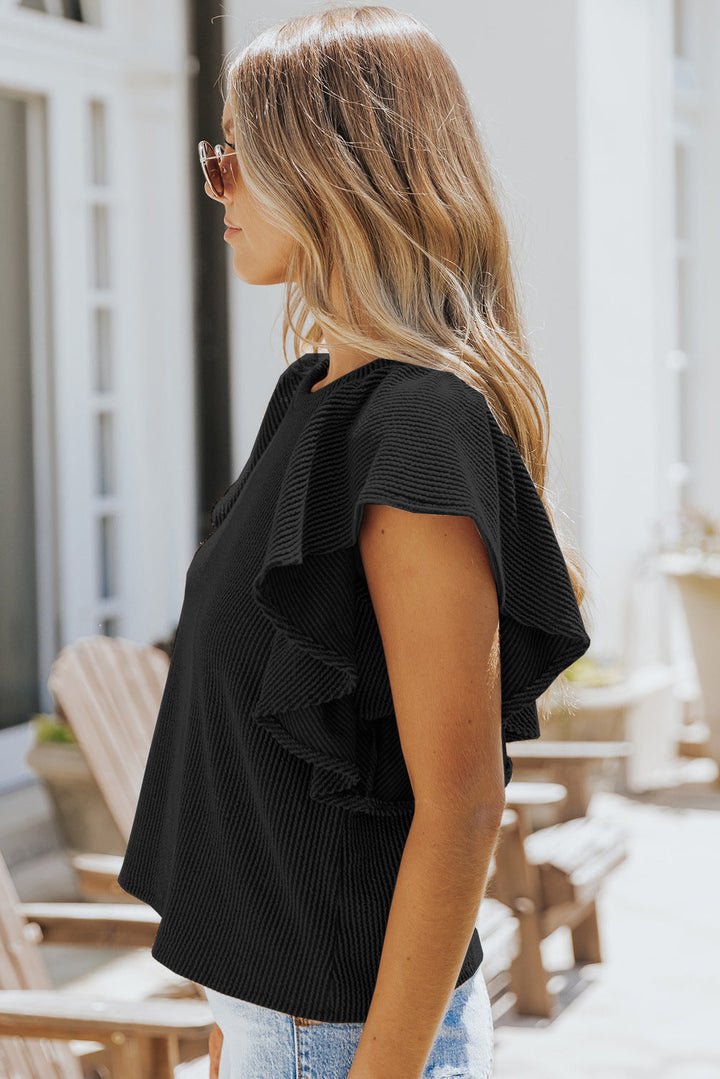 Stilla | Crew Neck Ruffle Kort Ærme Solid Løs Bluse