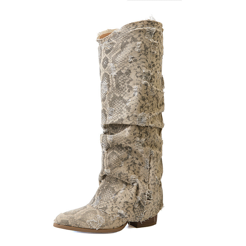 Femme Distressed Over-knæet Denim Støvler Stilla
