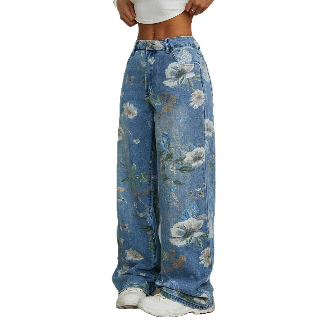 Kvinders brede jeans med blomstret design og høj talje Stilla