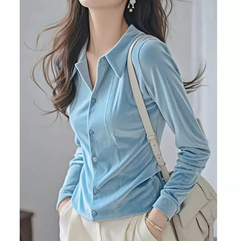 Dame elegant stretchbluse med knaplukning og silkeagtig fornemmelse Stilla