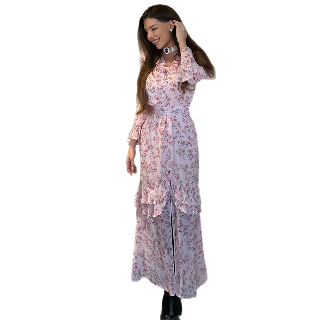 Dame ruffle kjole med blomsterdesign og elegant V-hals