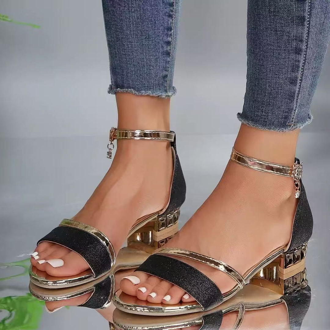Dame elegante sandaler med fashionabel glimmer-finish og gennemsigtig remføring Stilla