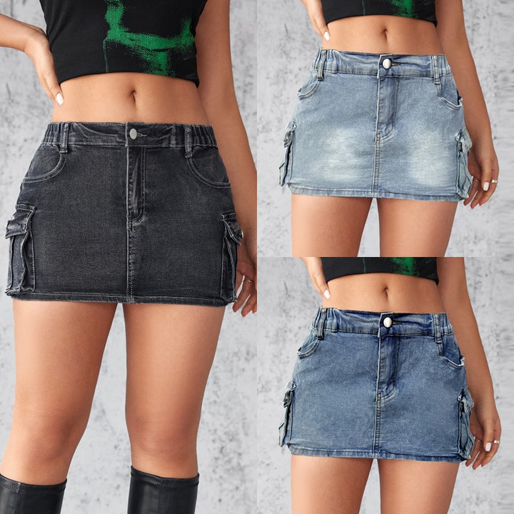 Dame Denim Mini nederdel med cargo-lommer og elastisk talje Stilla