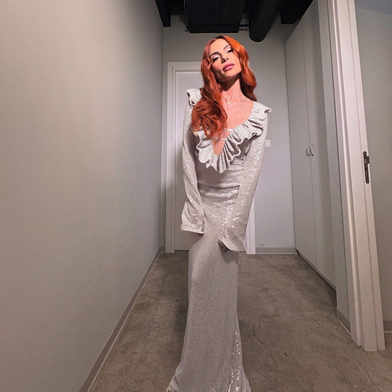 Dame elegant maxikjole med ruffle detaljer og gennemsigtig indsats Skovae