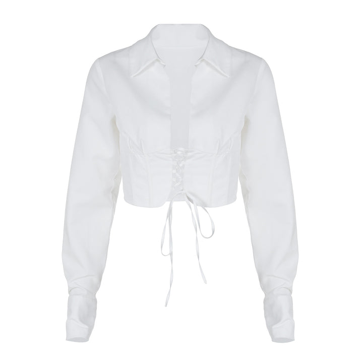 Damer cropped bluse med snøring og klassisk kravesnit Stilla