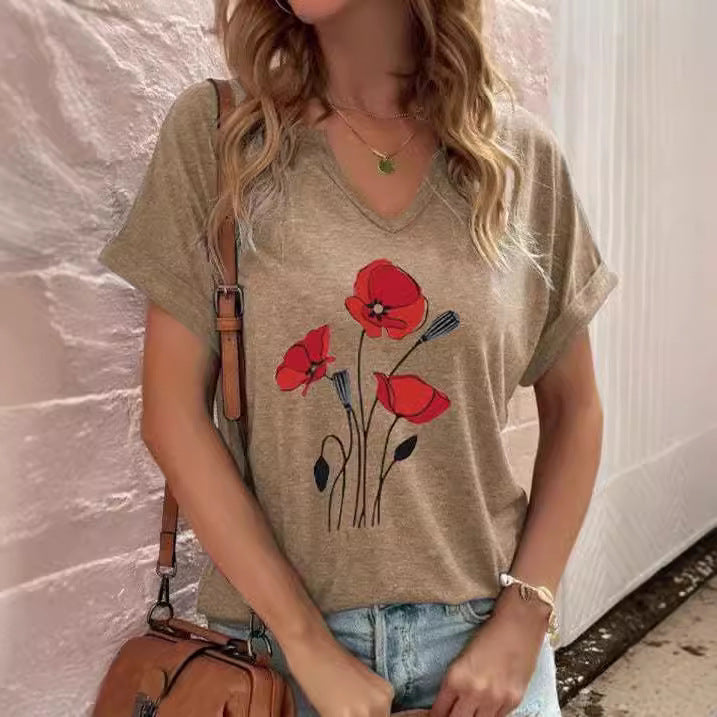 Dame Floral Print V-Udskæring Casual T-Shirt Stilla