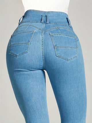 Dame højtaljede skinny jeans med moderne knaplukning og strækbar pasform Stilla
