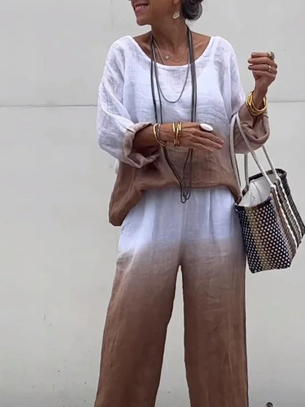Dame linned loungewear-sæt med elegant ombre-effekt og brede bukser Stilla