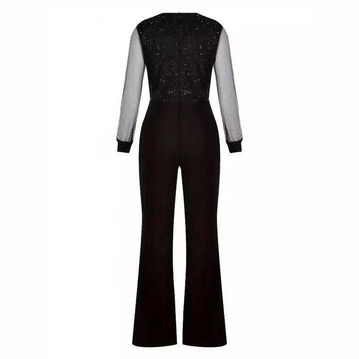 Damer Elegant Jumpsuit med gennemsigtige ærmer og glitrende detaljer Skovae