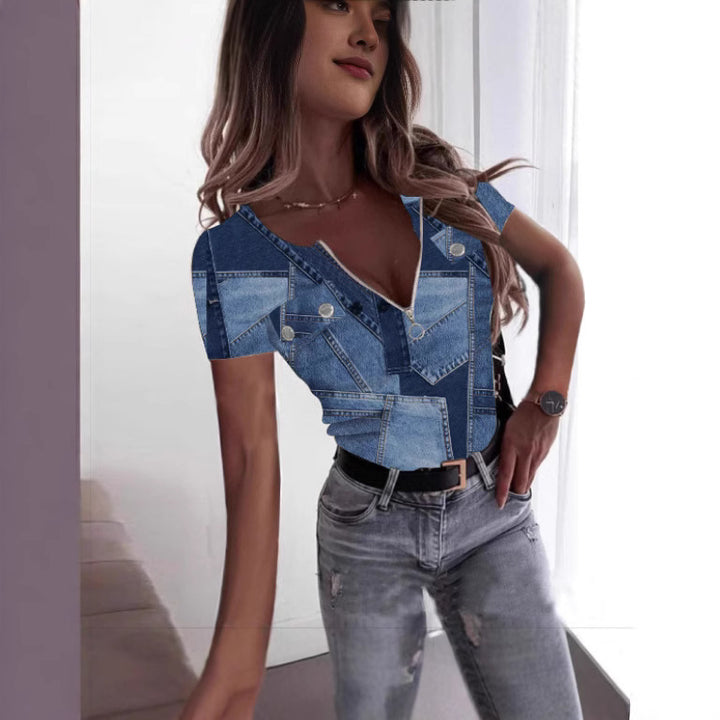Dame Kortærmet Bluse i Denim-look Stilla