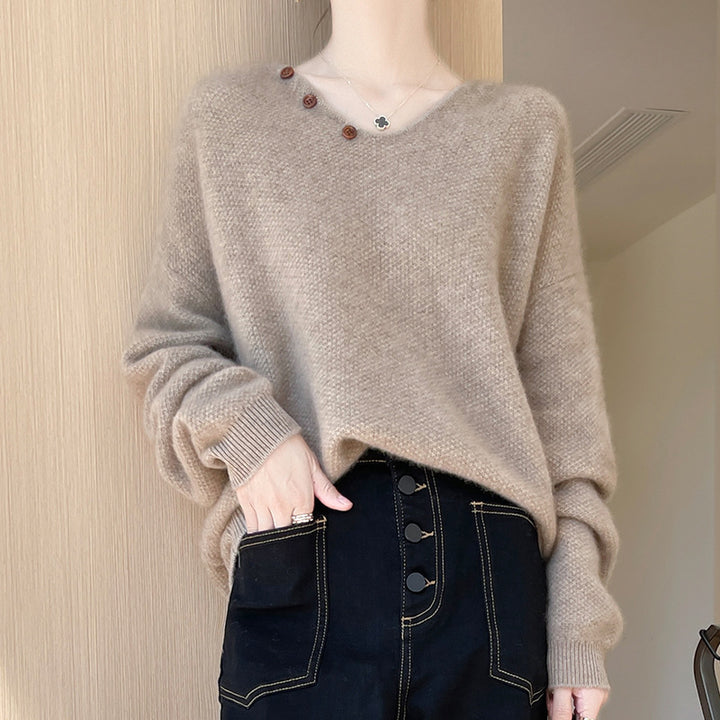 Femme Cozy V-Udskæring Knap Detalje Pullover Stilla