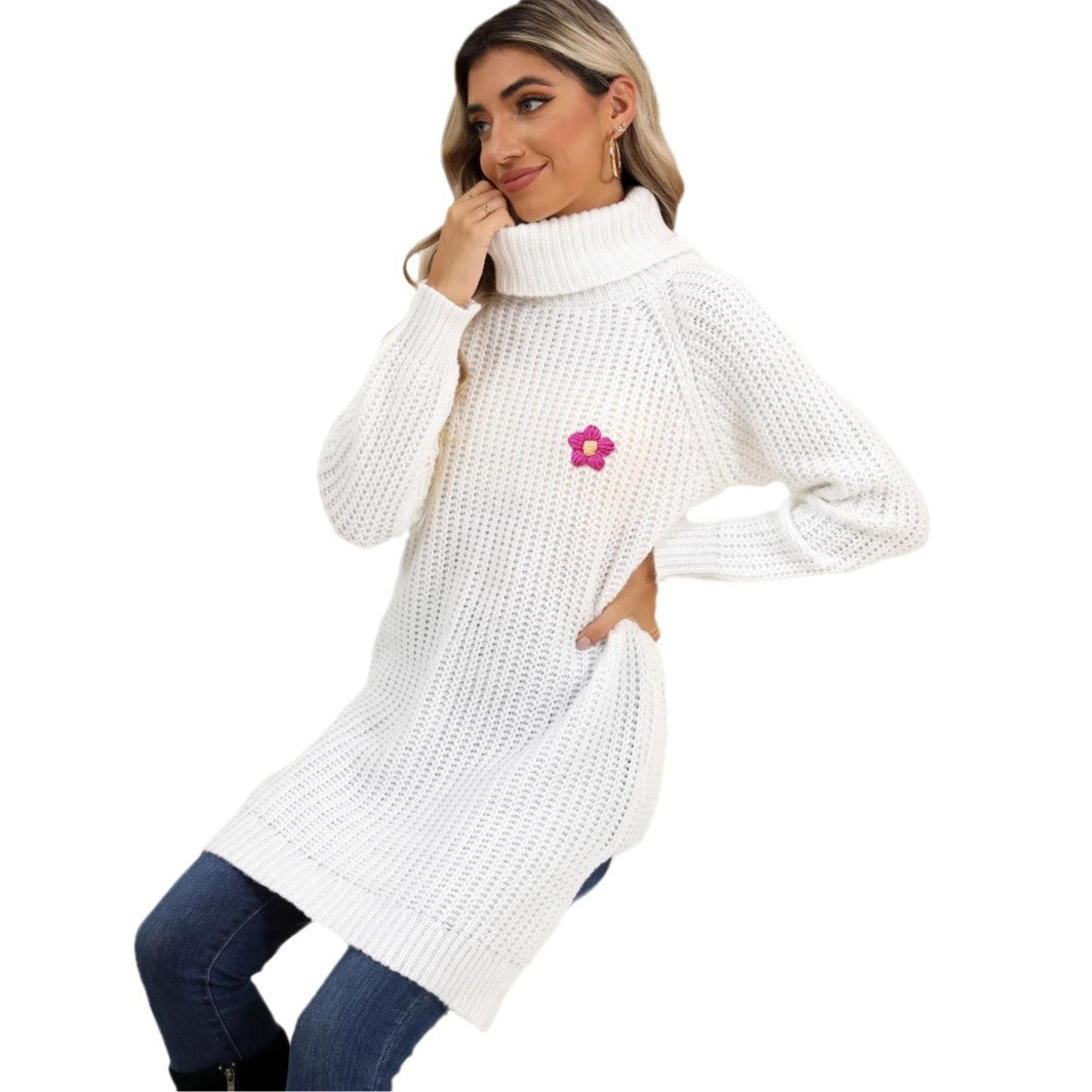 Dame strikpullover med højhalset krave og blomstret broderi-design Stilla