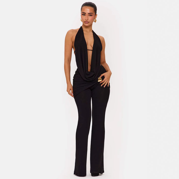 Dame Elegant jumpsuit med dobbelt krave og trendy rynkning Skovae