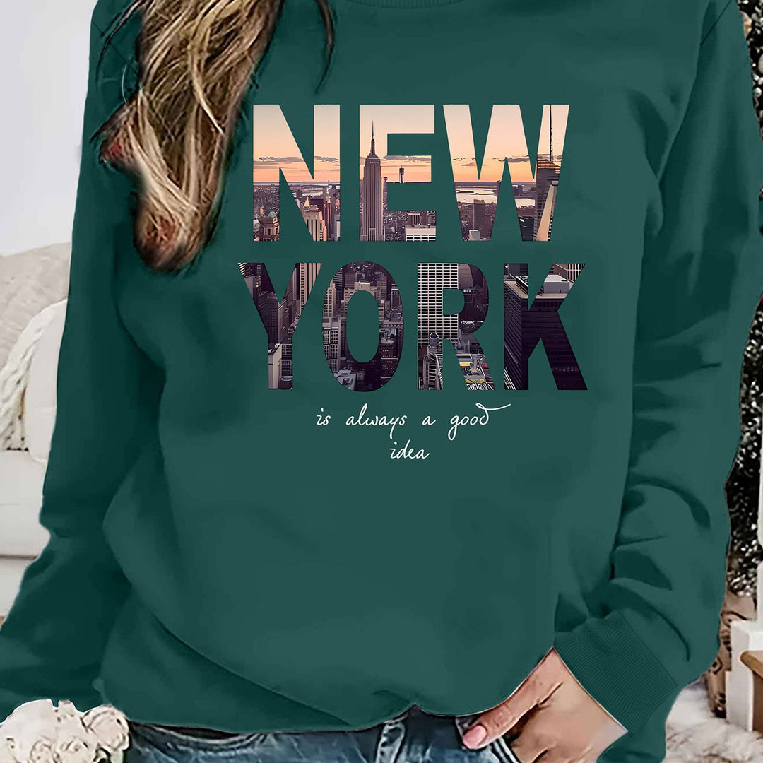 Kvinders sweatshirt med kreativ New York skyline print og hyggelig pasform Stilla