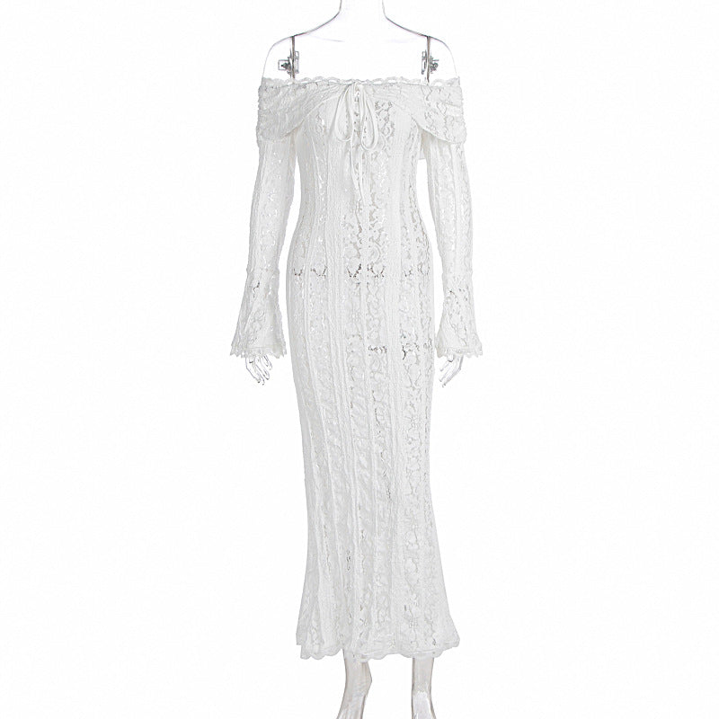 Damer Elegant Blondekjole i tætsiddende snit med Off-Shoulder Design Skovae