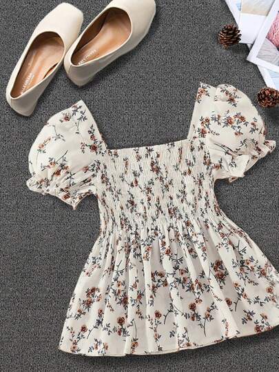 Dame bluse shirt med skulderfri pufærmer og blomsterdesign Stilla