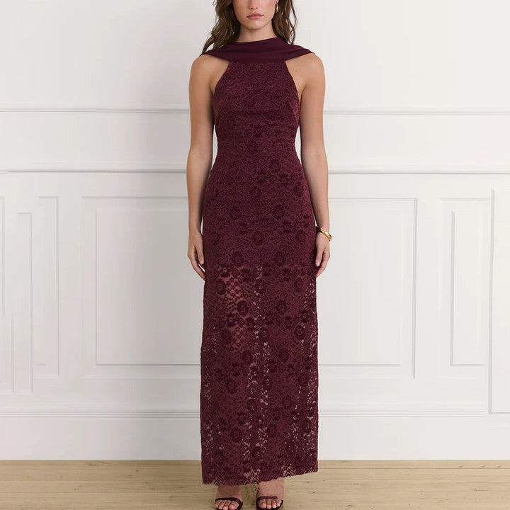 Dame Elegant Maxikjole med raffineret spidsdekoration og smart halterneck Skovae