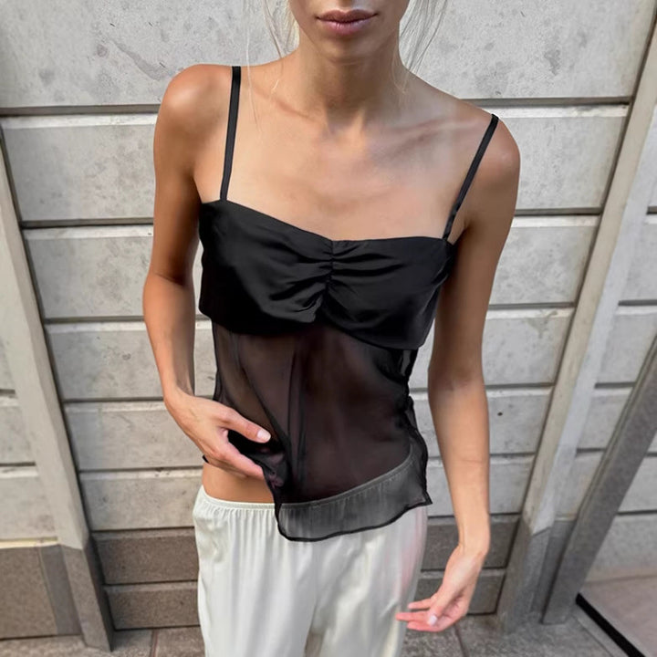 Damen Sexy Trägertop mit transparentem Stoff und raffiniertem Falten-Design Skovae
