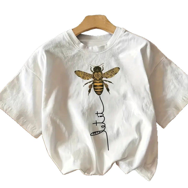 Dame T-shirt med kunstnerisk bienmotiv og afslappet skrift Stilla