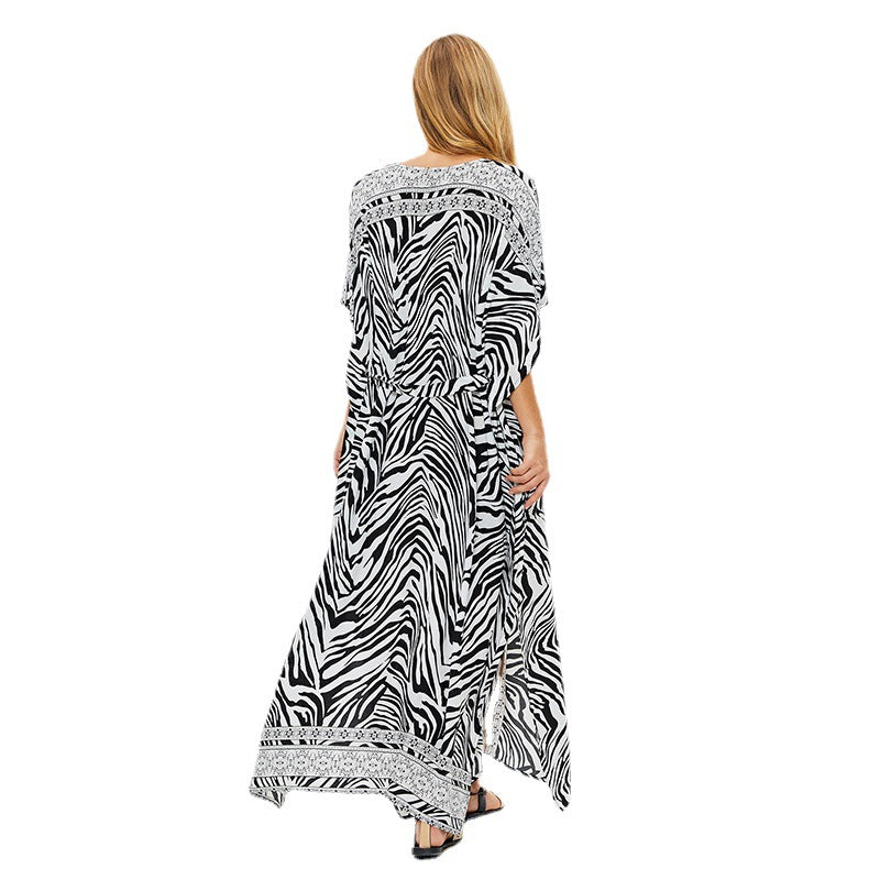 Dame maxikjole med detaljeret zebra-print og elegant snøring Stilla