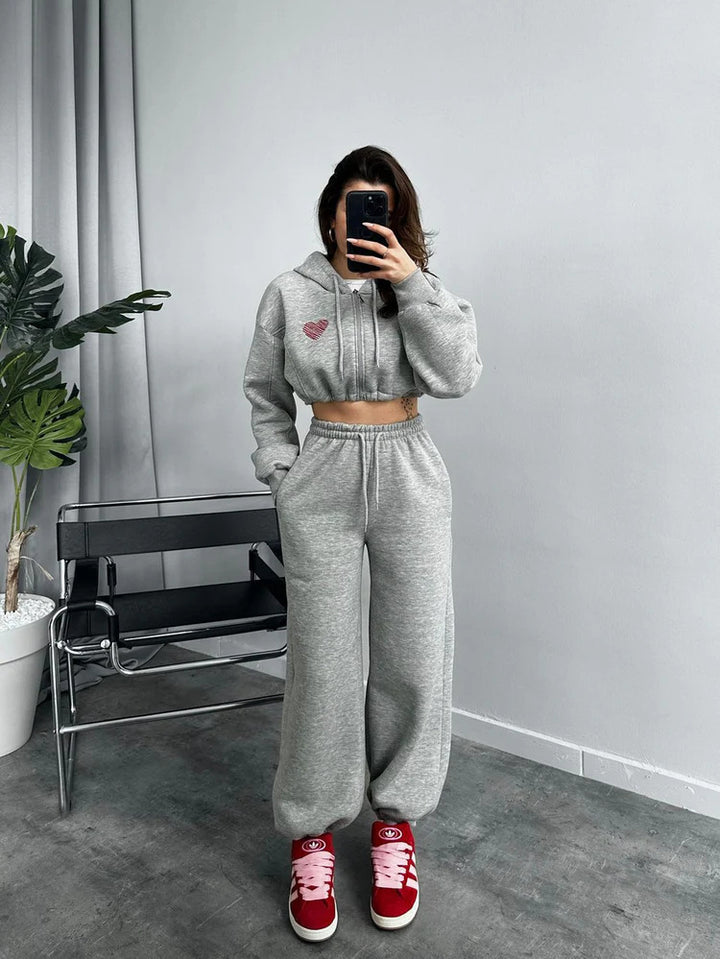Dames afslappet hoodie og joggingbukser sæt med cropped top og elastisk talje