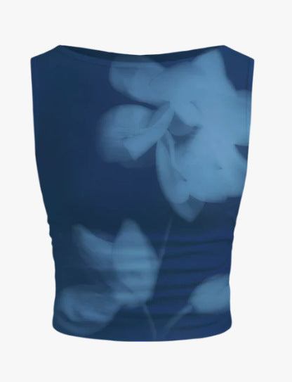 Dame ærmeløs crop-top med blomsterprint og tætsiddende snit Skovae