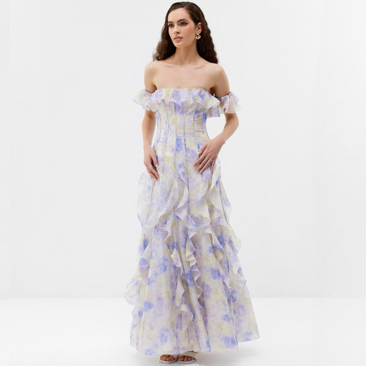 Dame Elegante Off-Shoulder Maxikjole med voluminøse flæser Stilla