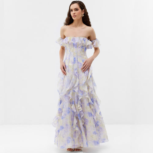Dame Elegante Off-Shoulder Maxikjole med voluminøse flæser Stilla