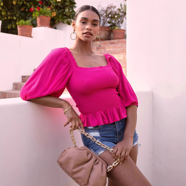 Dame Puffærmet Smocked Top Stilla