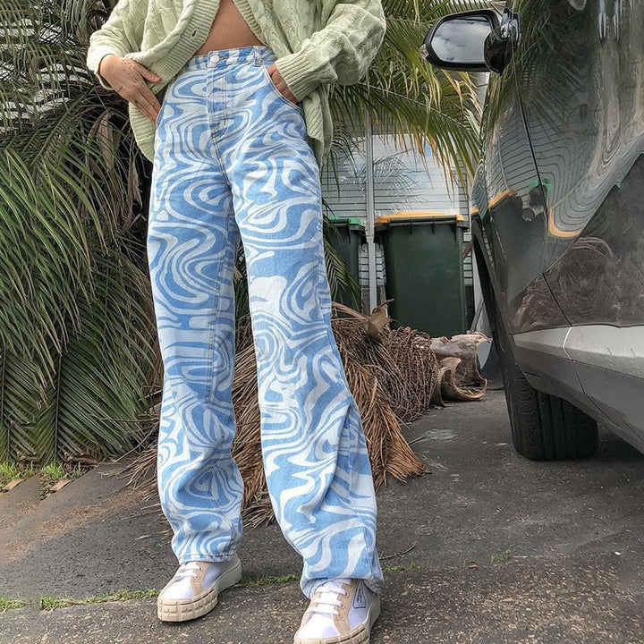 Dame Løse Denim-Bukser med kunstnerisk mønster og høj talje Stilla