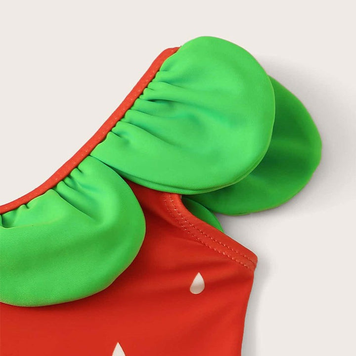 Dame ensartet badedragt med voluminøse ruffles detaljer og glad vandmelonmotiv Stilla